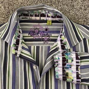 ROBERT GRAHAM Classic Fit Green Purple Striped Button Up Shirt Men’s Size Small